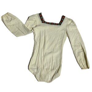 Vintage Danskin Women White Long Sleeve Top Nylon Body Suit Size Small